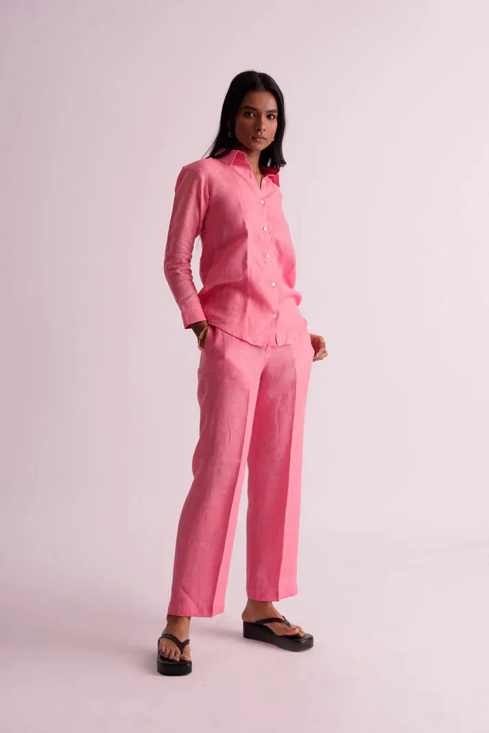 High waist Pink Classic 100% Linen pant