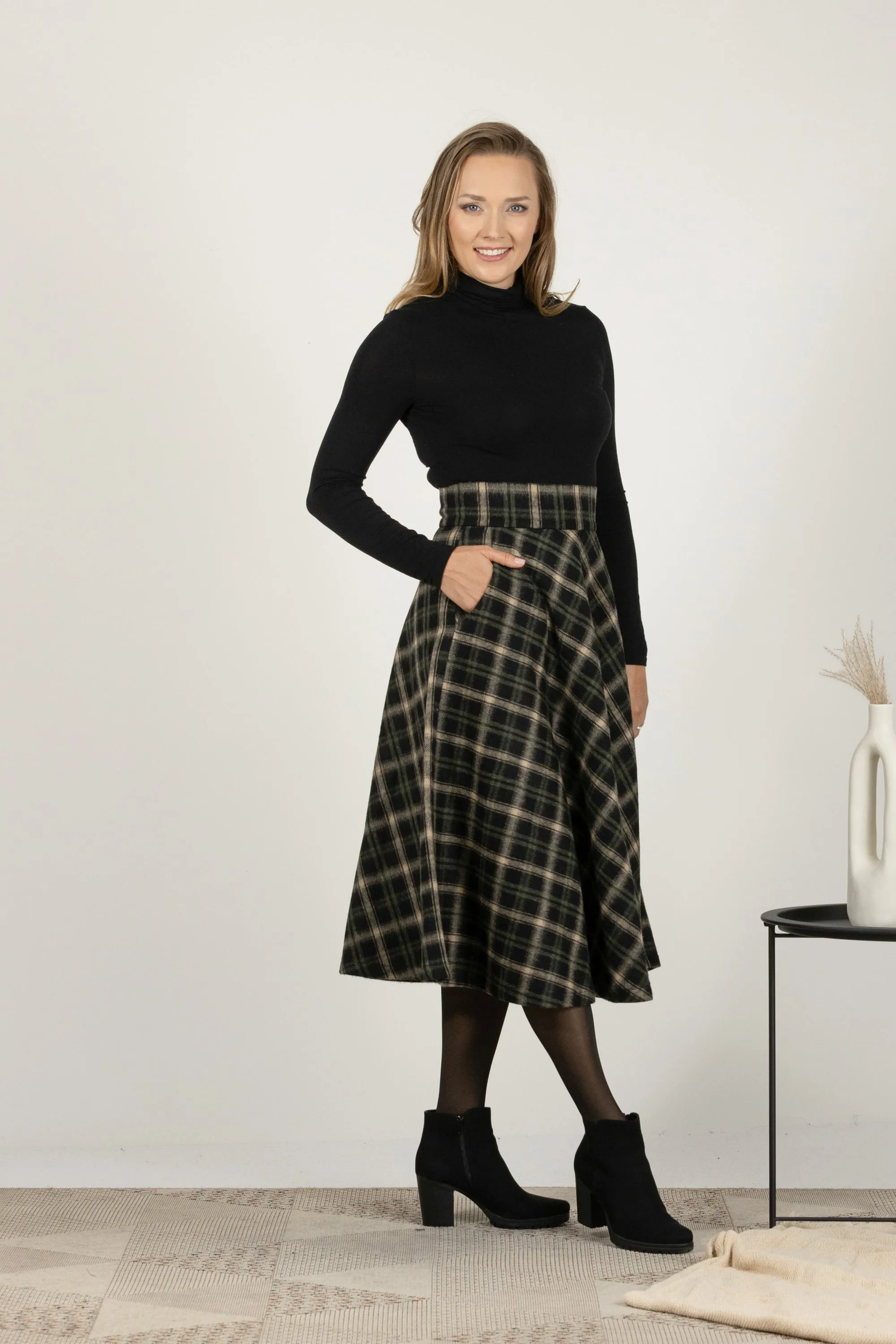 High Waist Wool Midi Skirt