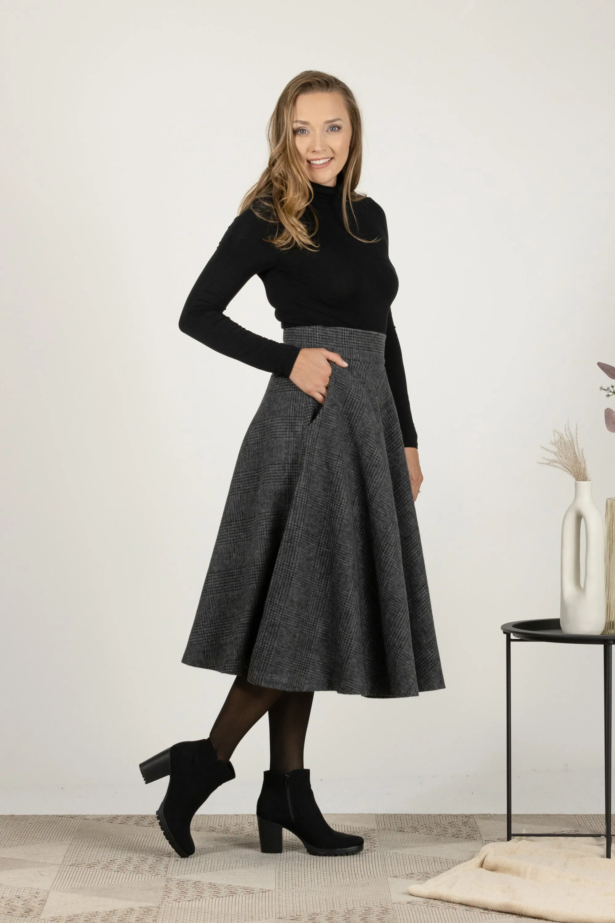 High Waist Wool Midi Skirt