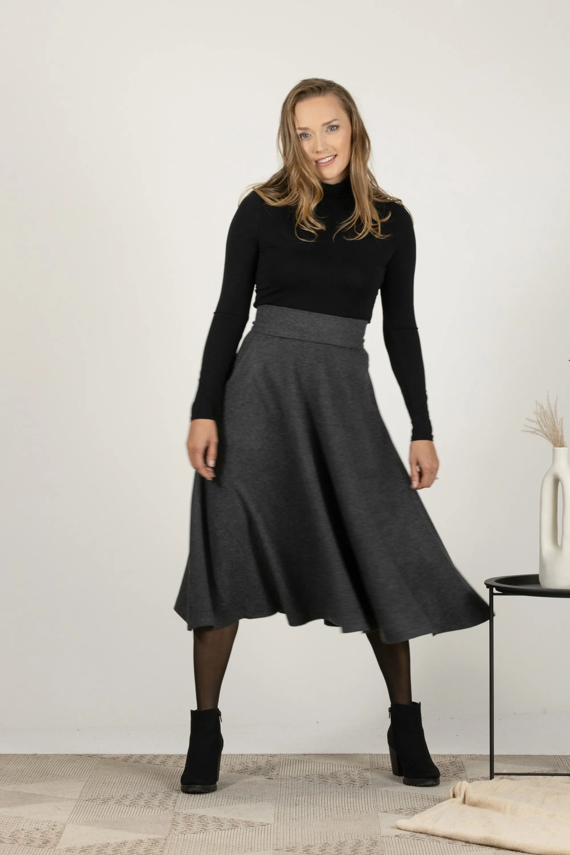 High Waist Wool Midi Skirt