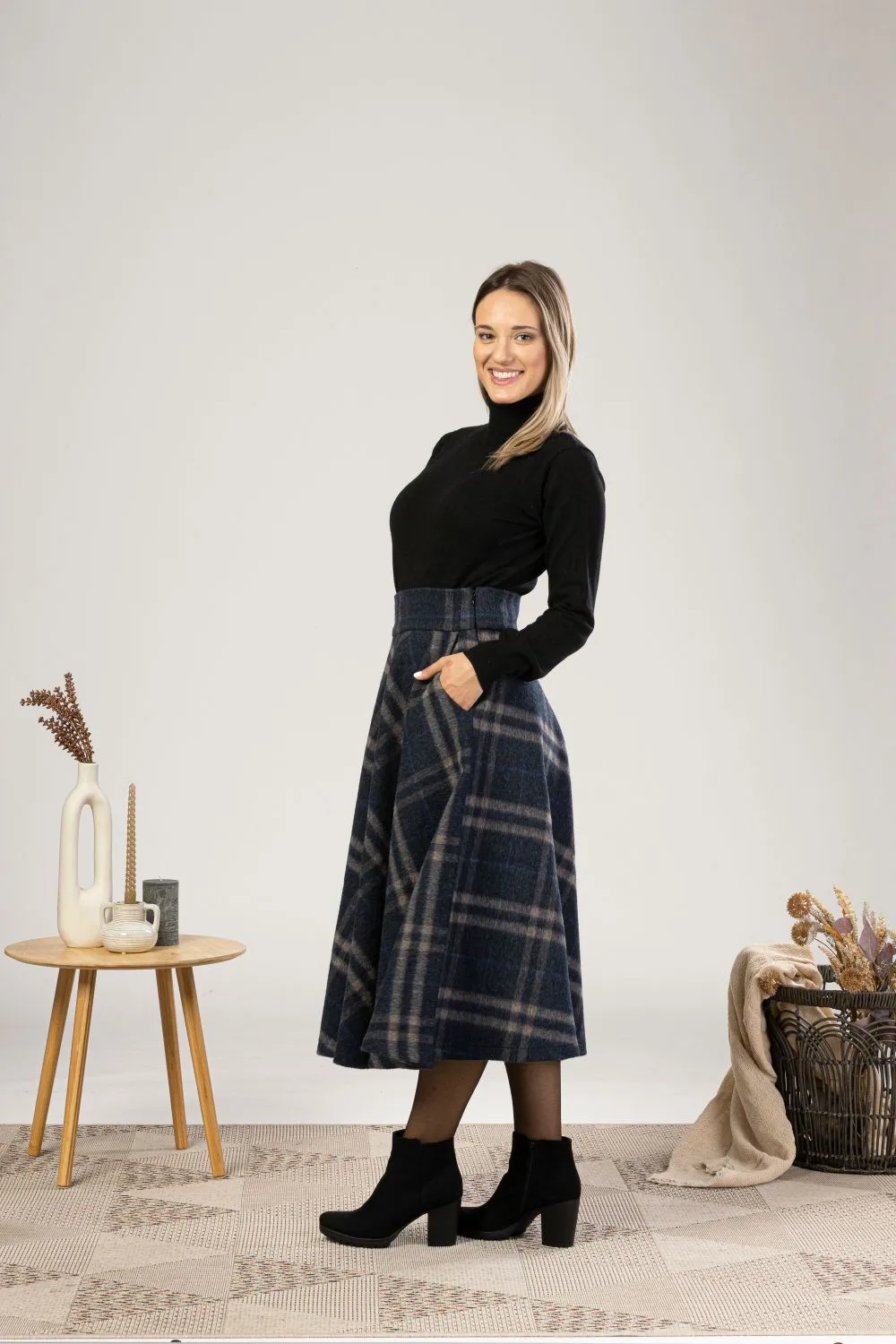 High Waist Wool Midi Skirt