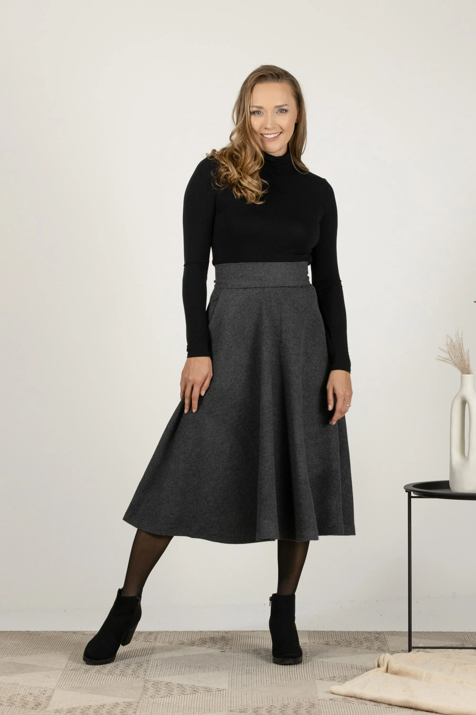 High Waist Wool Midi Skirt