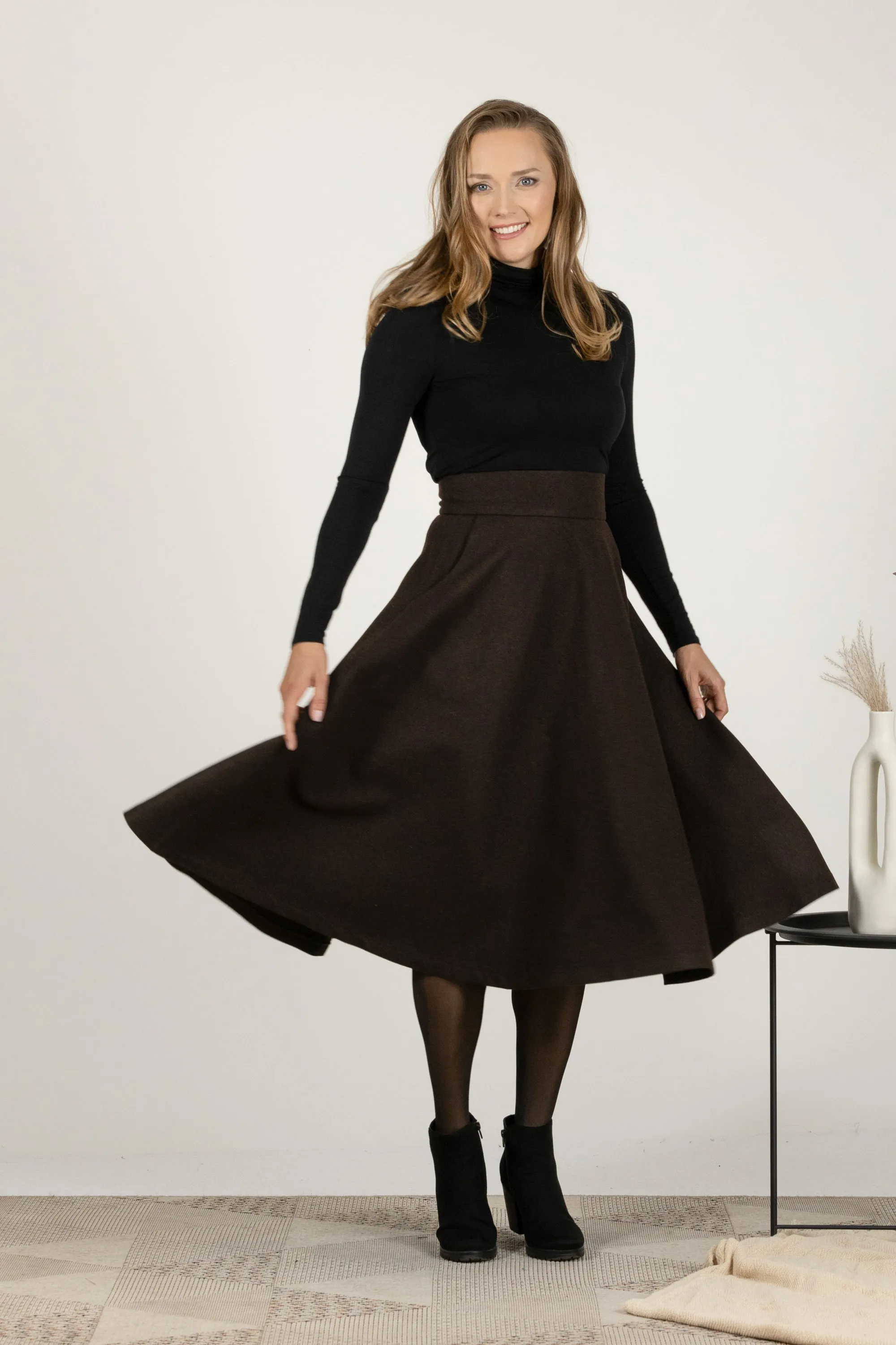 High Waist Wool Midi Skirt