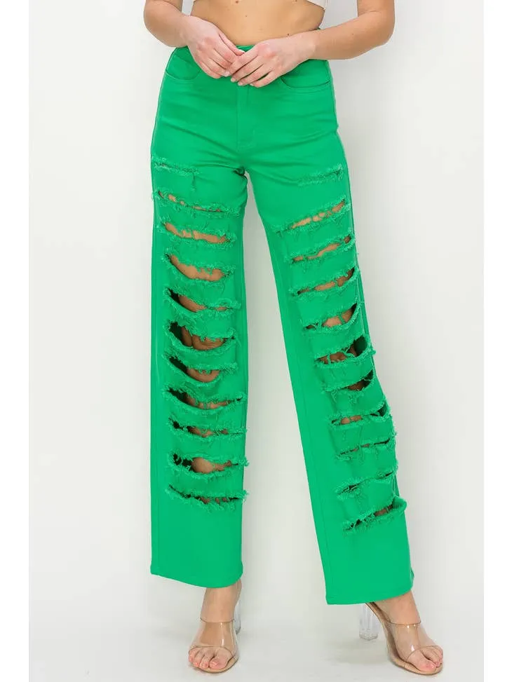 High Waisted Green Color Heavy Distressed Wide Leg Jeans