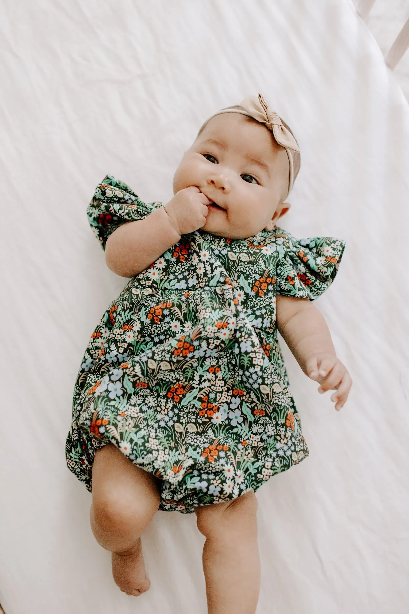 Infant Girl's Dark Green Rifle Paper Multicolor Floral Ruffle Cotton Bubble Romper