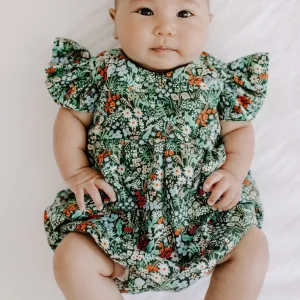 Infant Girl's Dark Green Rifle Paper Multicolor Floral Ruffle Cotton Bubble Romper