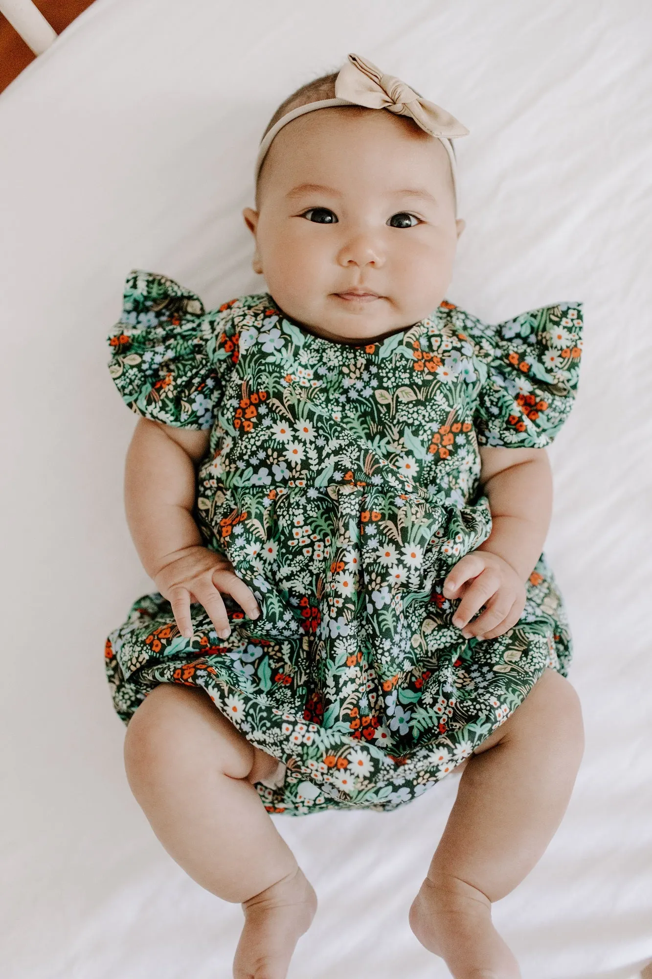 Infant Girl's Dark Green Rifle Paper Multicolor Floral Ruffle Cotton Bubble Romper