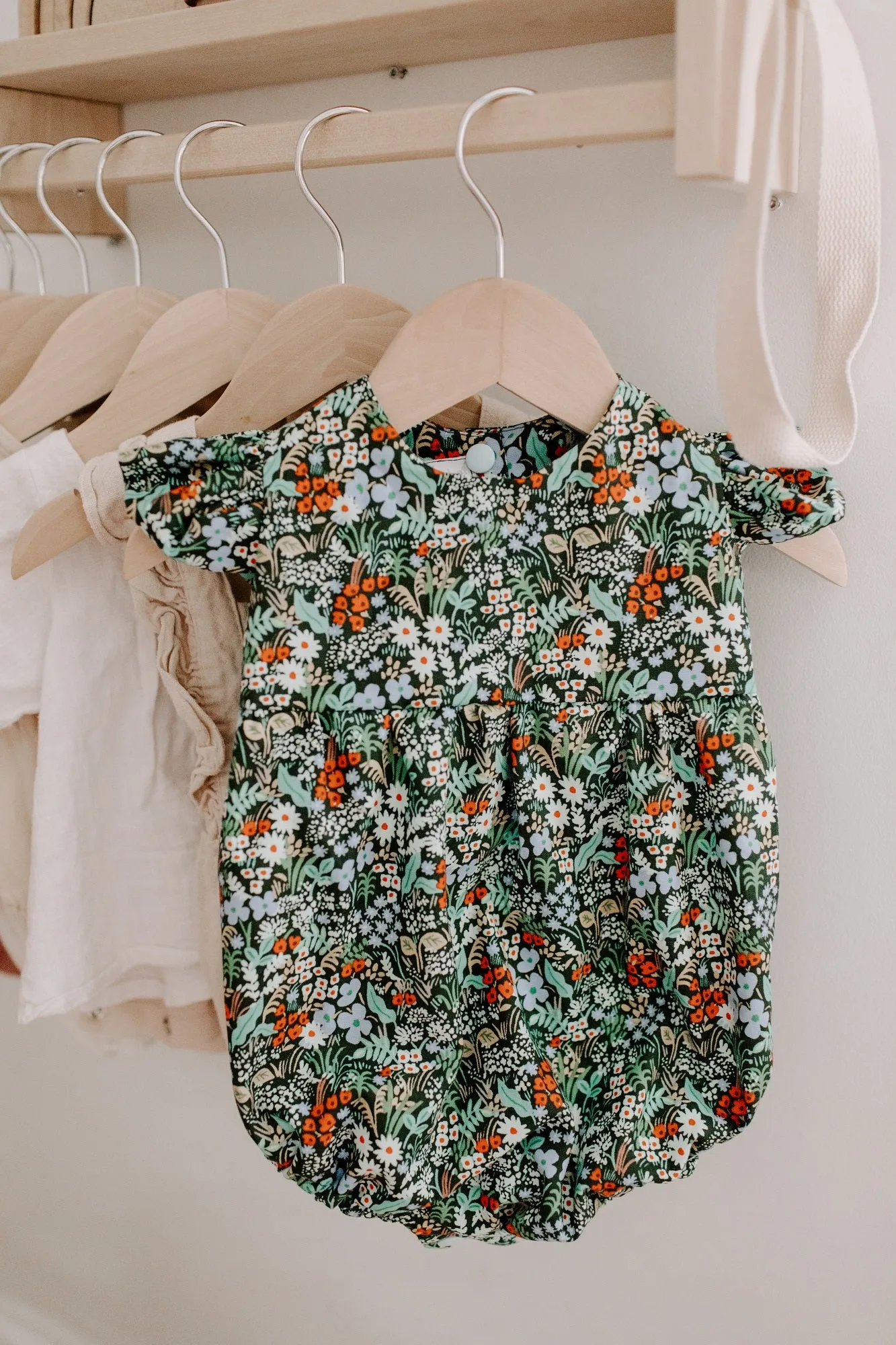 Infant Girl's Dark Green Rifle Paper Multicolor Floral Ruffle Cotton Bubble Romper