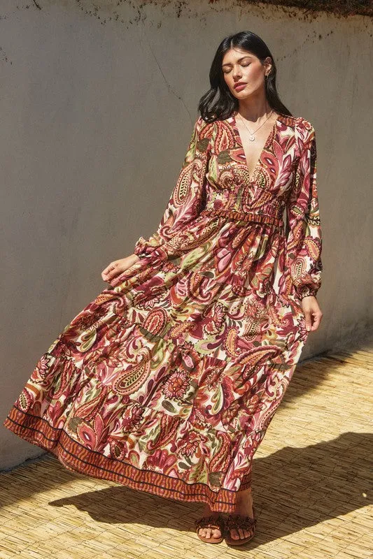 Jessica Long Sleeve Paisley Print Tiered Maxi Dress Rust