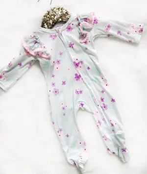 Kryssi Kouture Sienna Tutu Jumpsuit - Aqua & Purple Floral Pom Rompers