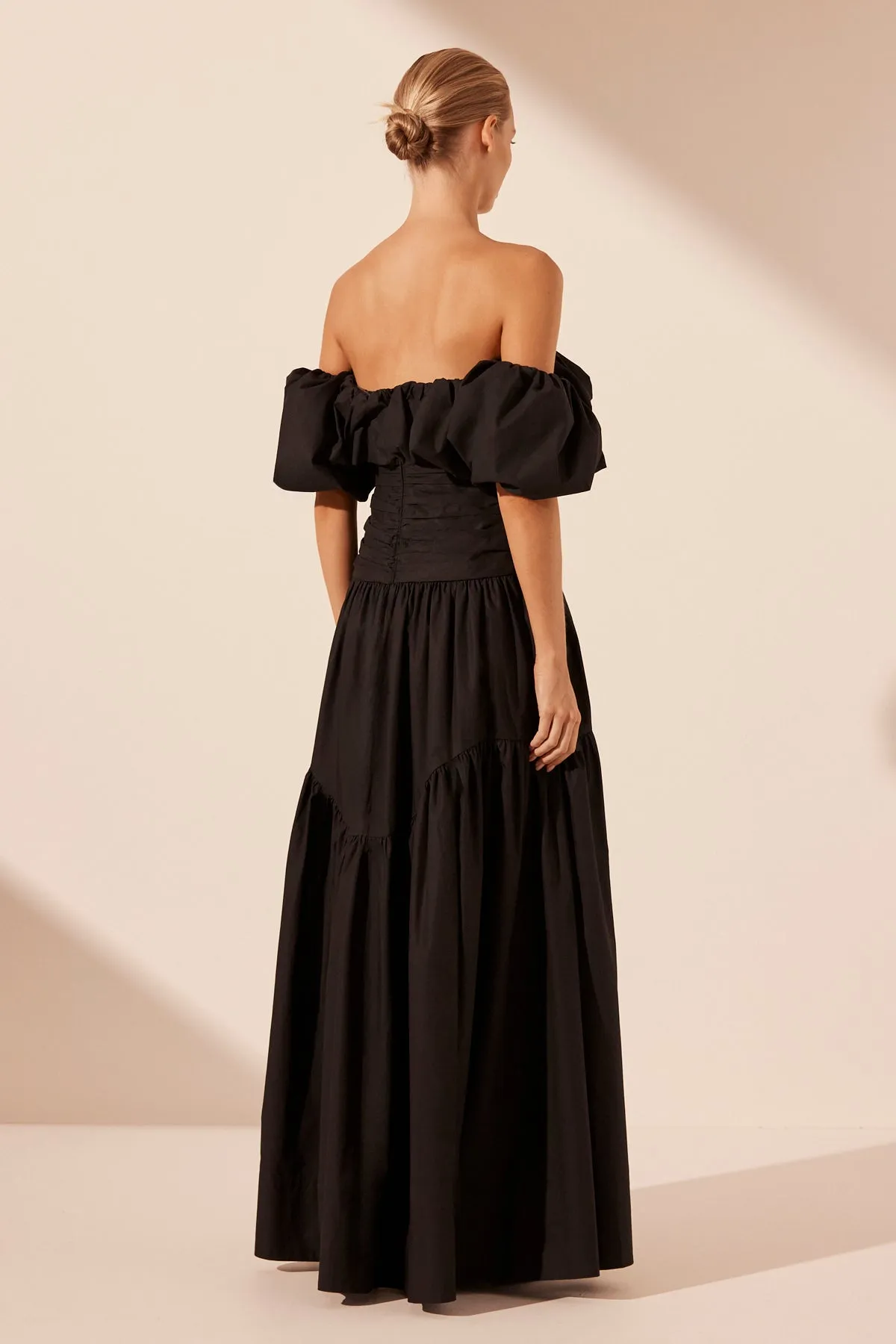 MAIORI OFF SHOULDER RUCHED BODICE MAXI DRESS - BLACK