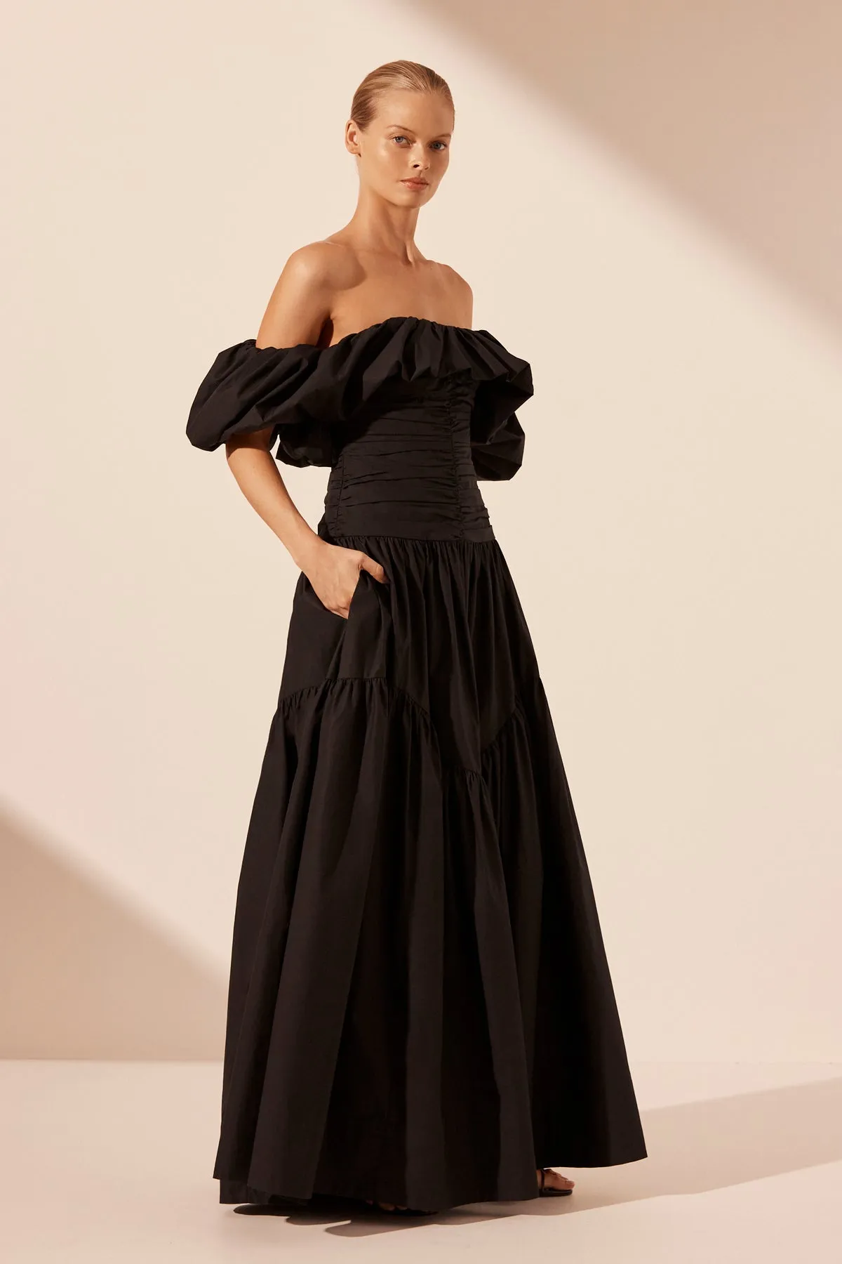 MAIORI OFF SHOULDER RUCHED BODICE MAXI DRESS - BLACK