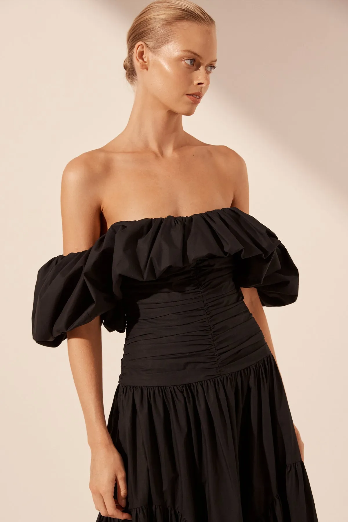 MAIORI OFF SHOULDER RUCHED BODICE MAXI DRESS - BLACK