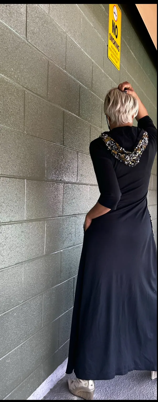 Maxi Black &Gold ‘Something Different From Paris’ Hooded Dress, with Embellishment Detail.