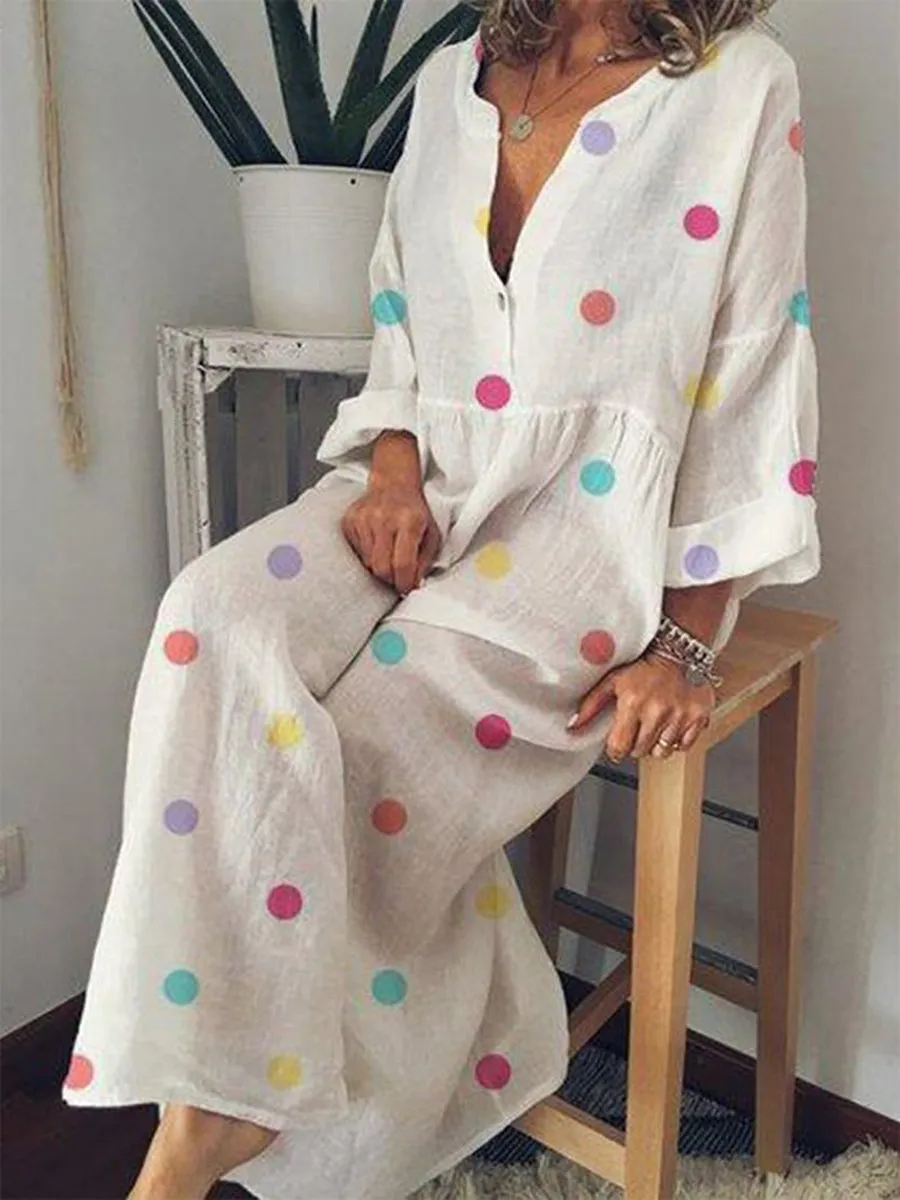 Multicolor Polka Dot Print Long Sleeve Maxi Dress