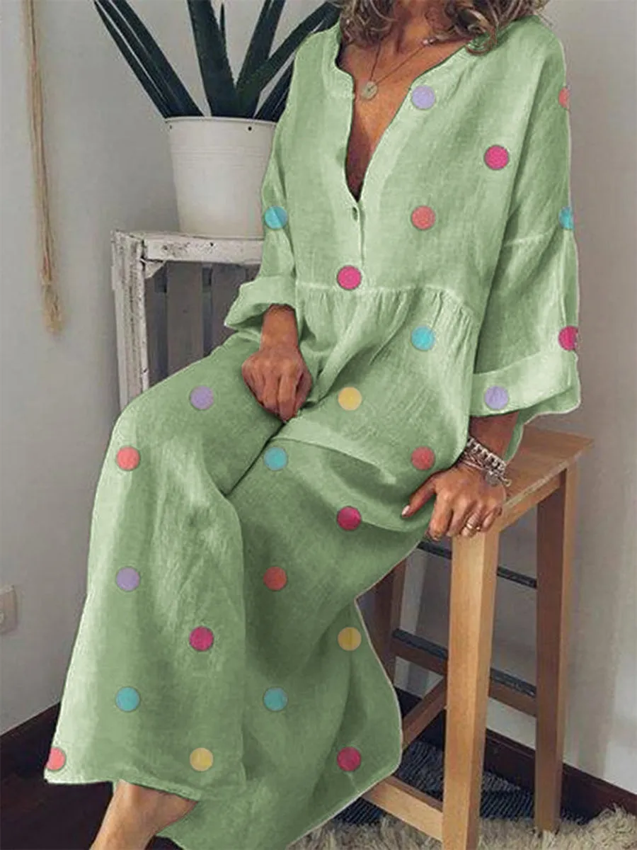 Multicolor Polka Dot Print Long Sleeve Maxi Dress