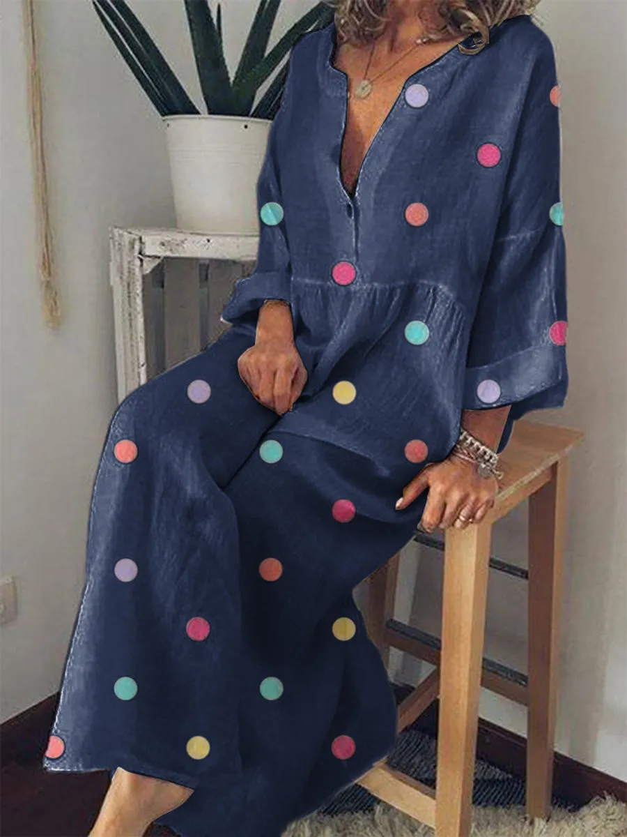 Multicolor Polka Dot Print Long Sleeve Maxi Dress