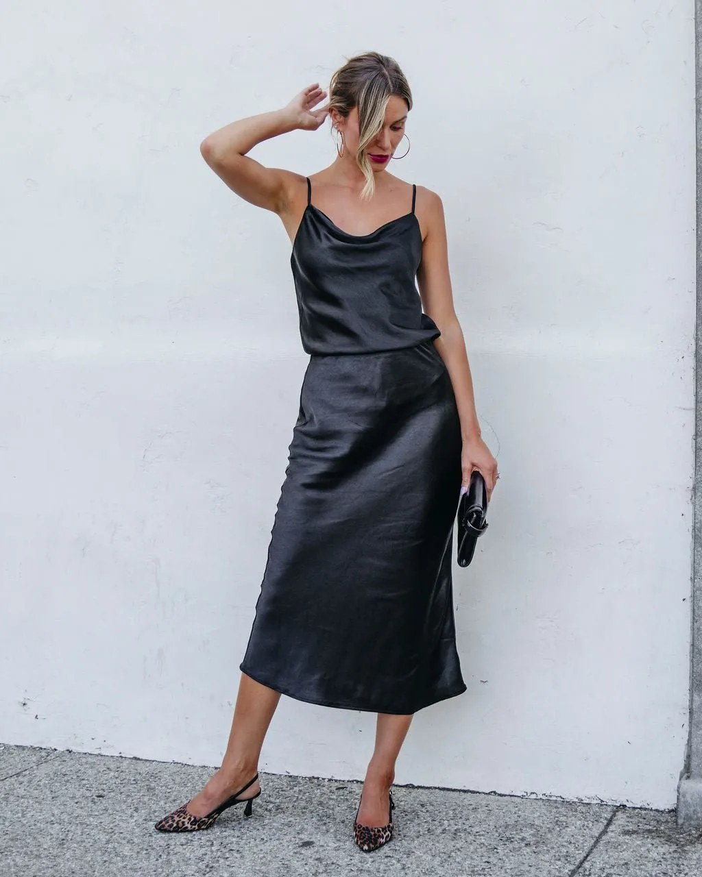 Muse By Magnolia Black Satin Midi Skirt - FINAL SALE