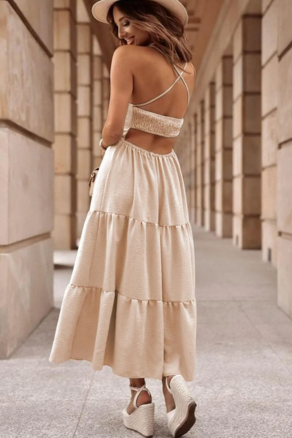 Oatmeal Creamy Crossover Backless Bodice Tiered Maxi Dress