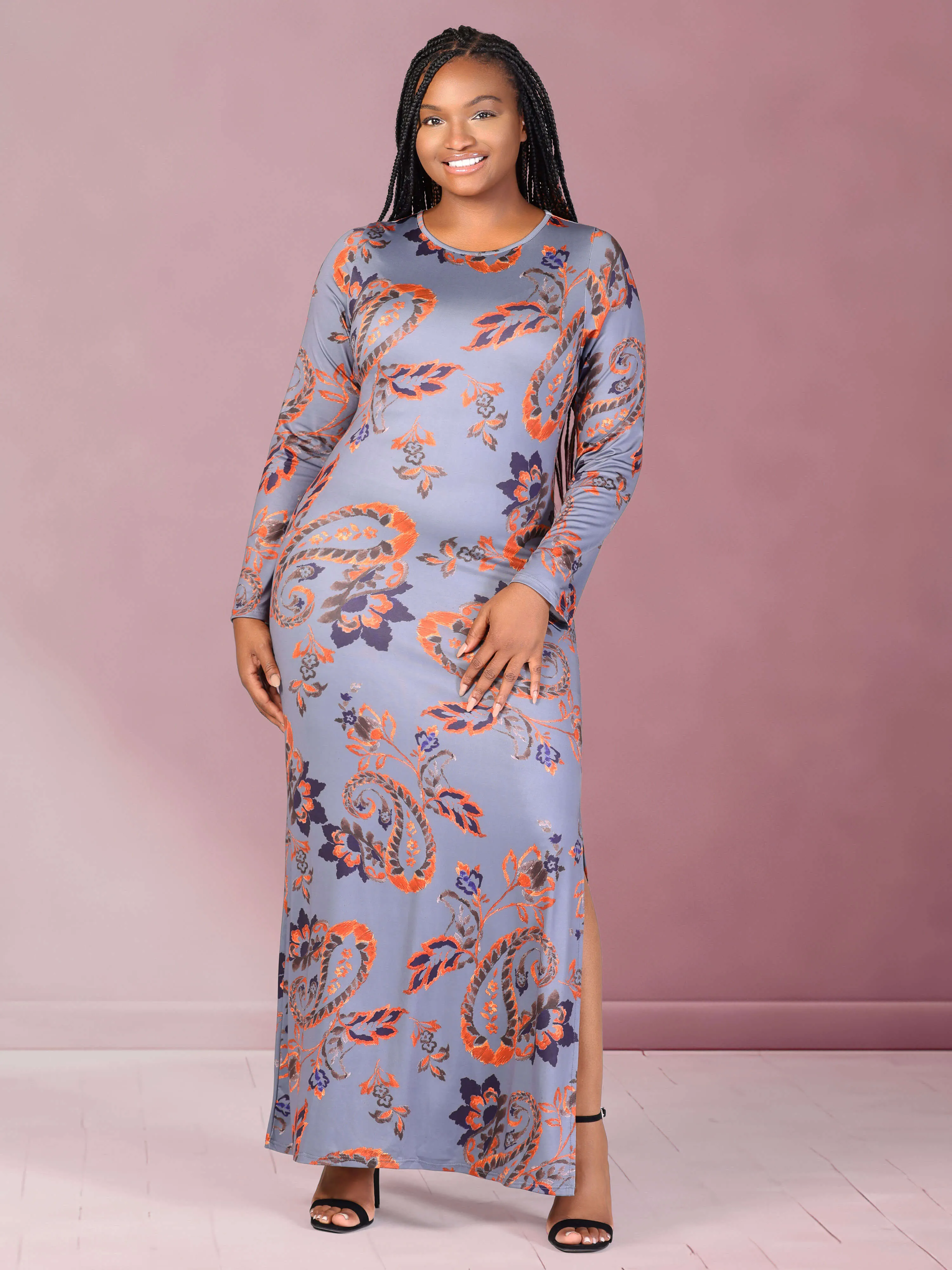 Plus Size Grey Long Sleeve Side Slit Fitted Maxi Dress