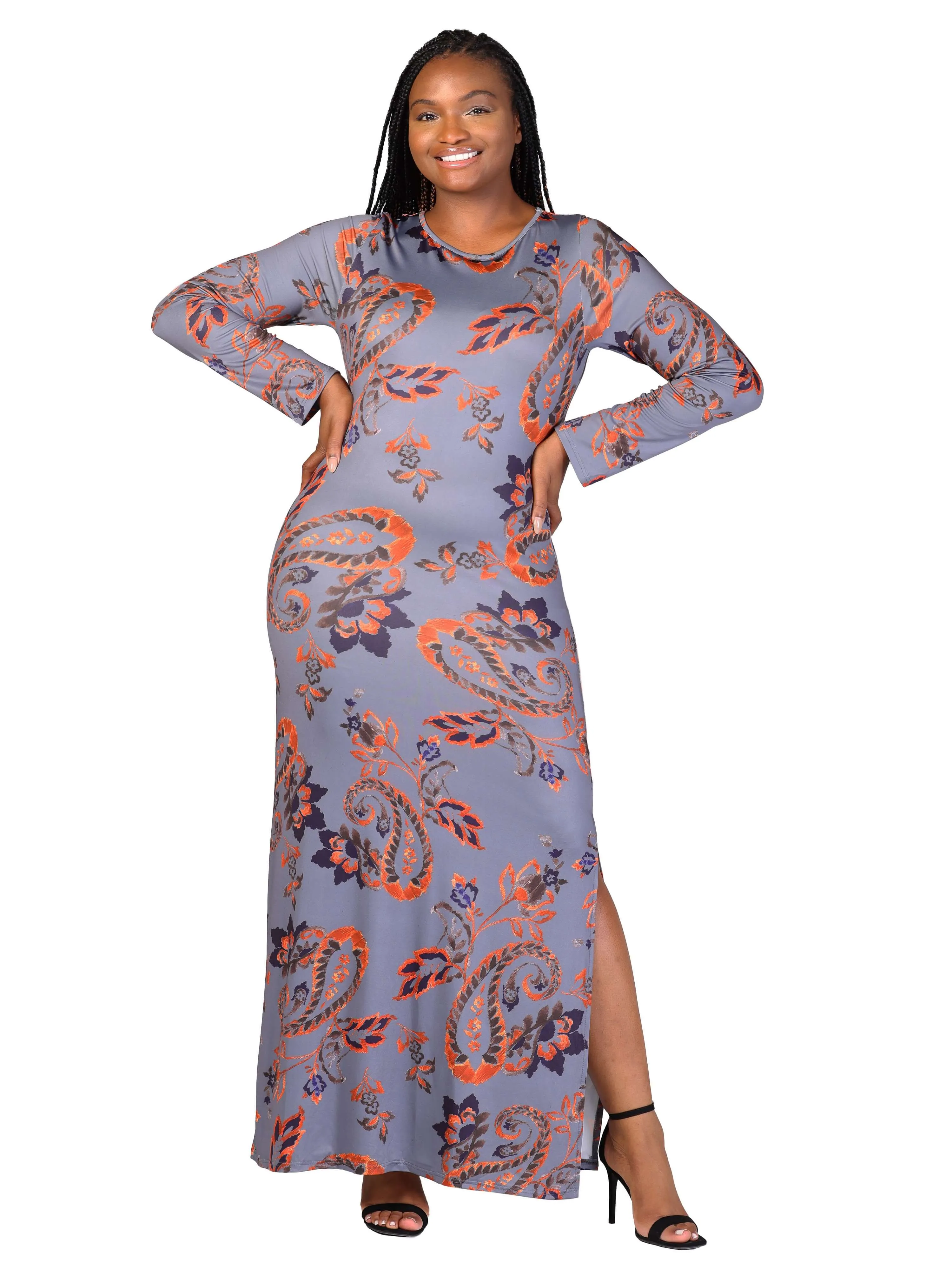 Plus Size Grey Long Sleeve Side Slit Fitted Maxi Dress