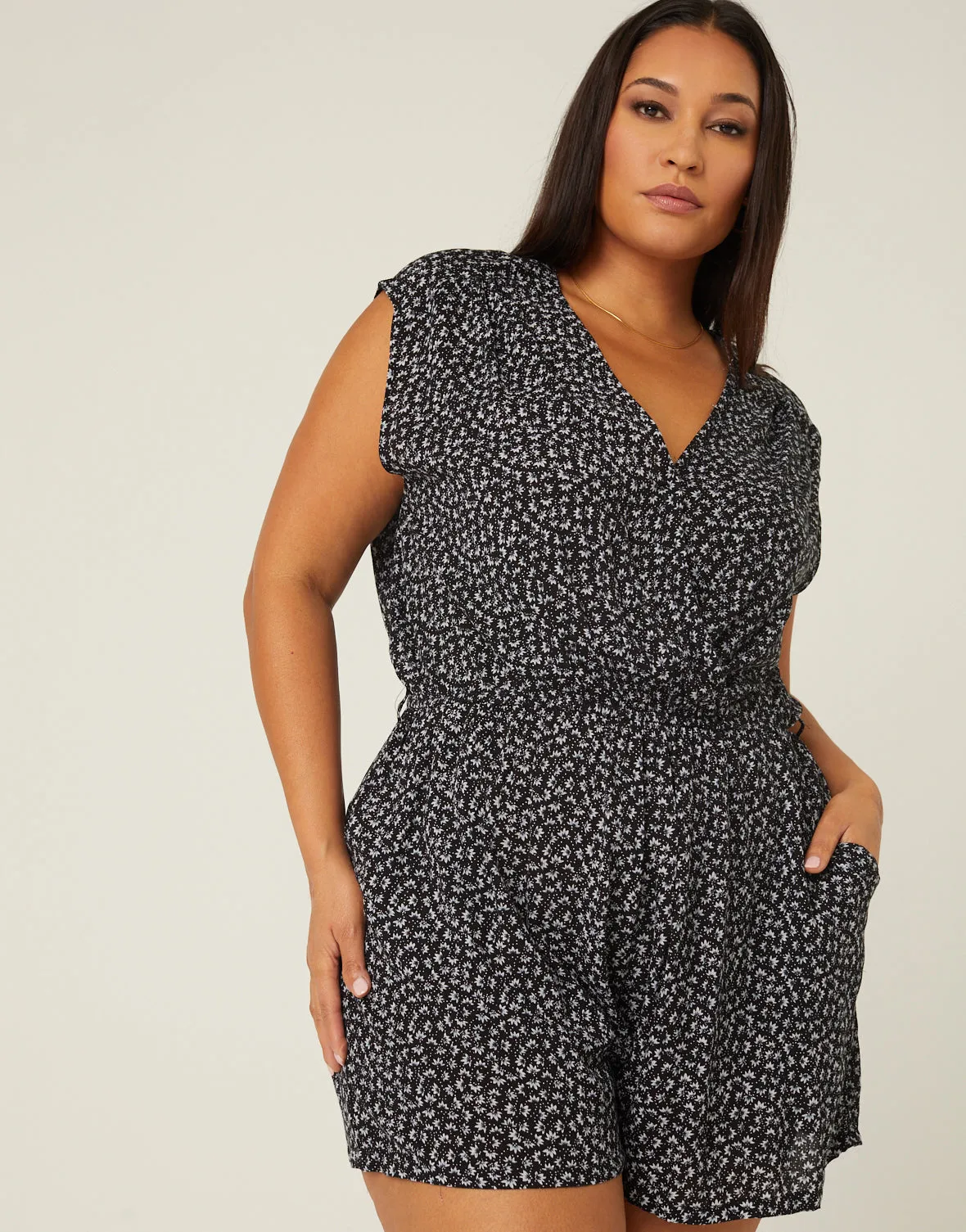 Plus Size Sleeveless Floral Surplice Romper