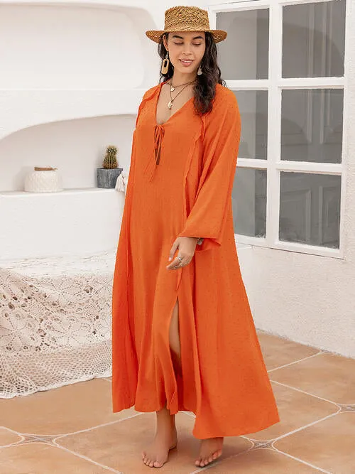 Plus Size Tie Neck Long Sleeve Slit Dress