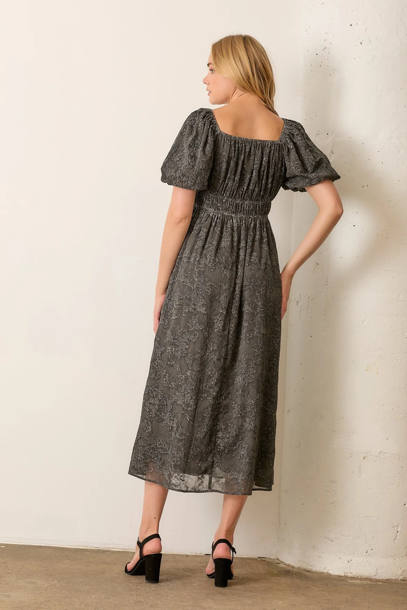 Polagram Charcoal Velvet Detail Puff Sleeve Maxi Dress