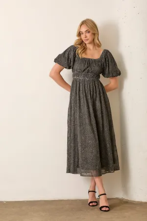 Polagram Charcoal Velvet Detail Puff Sleeve Maxi Dress