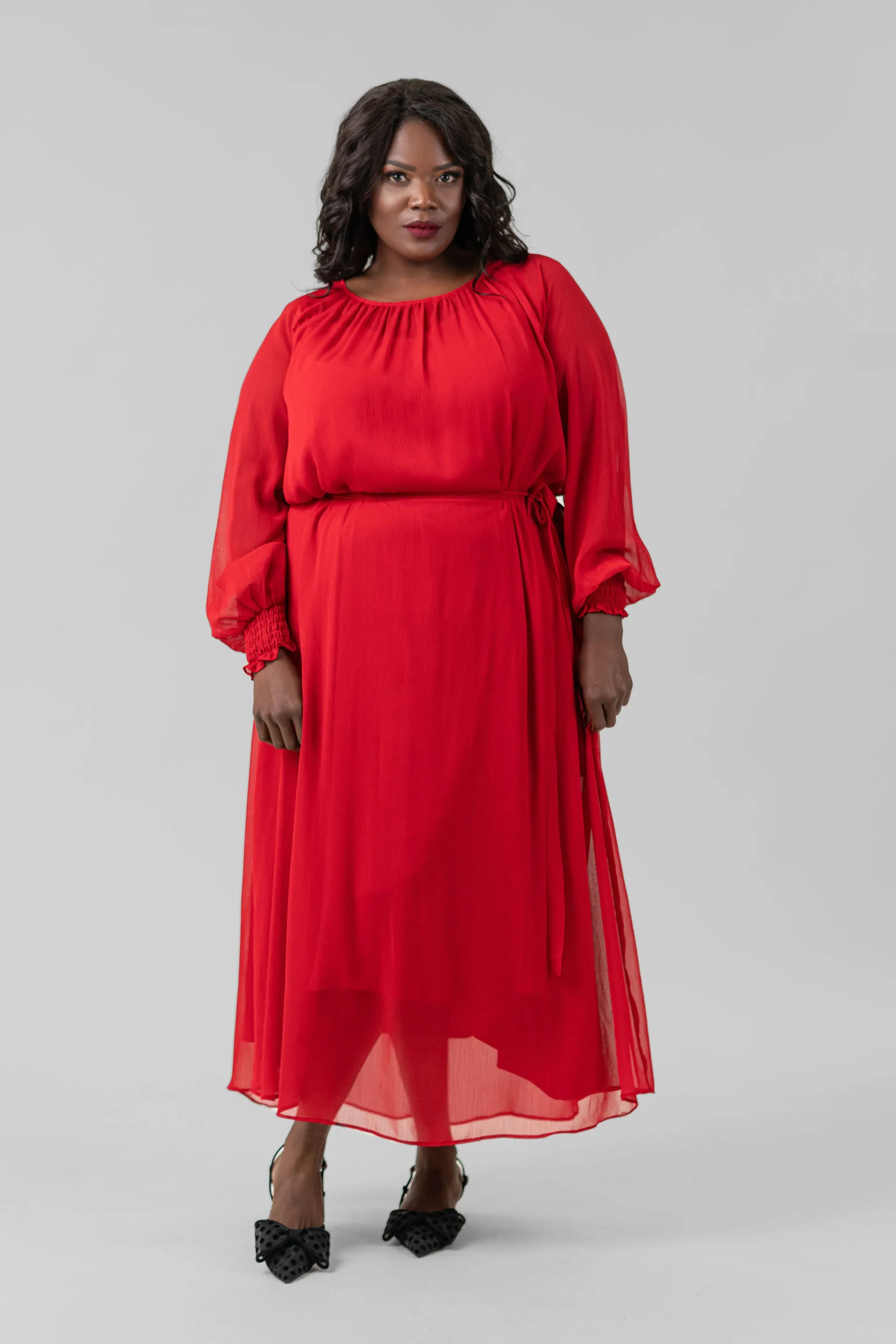 RED LONG SLEEVE GEORGETTE DRESS