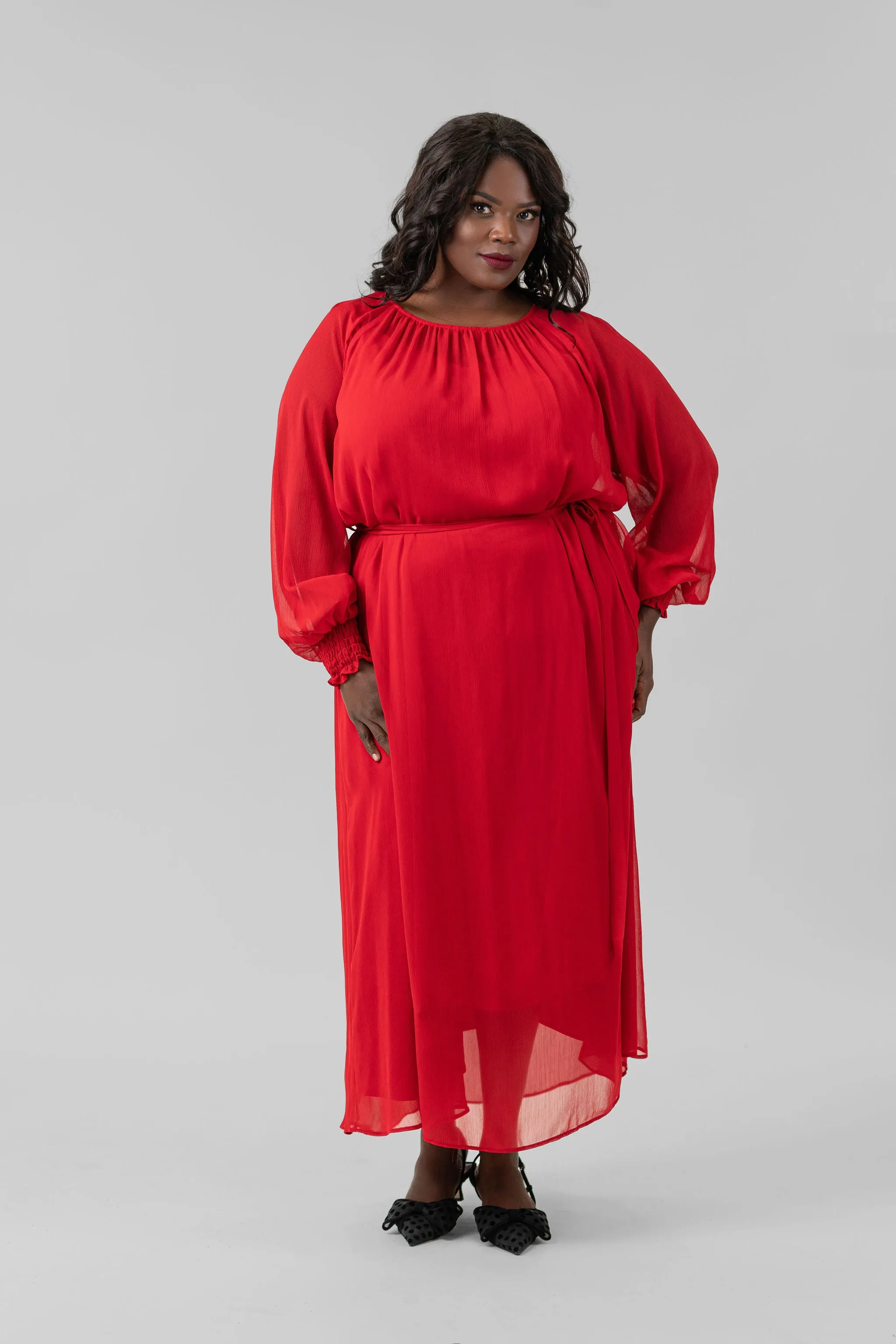 RED LONG SLEEVE GEORGETTE DRESS