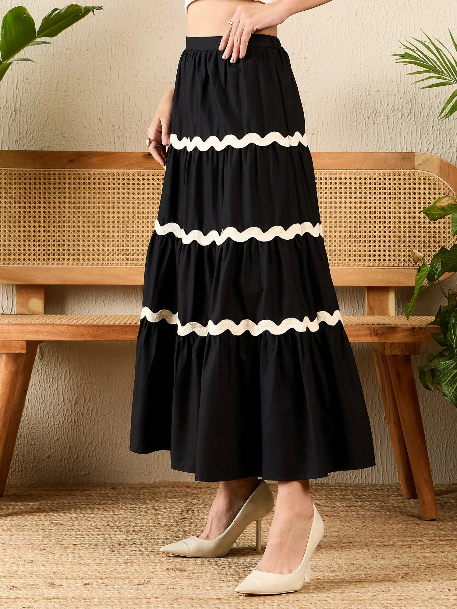 Ric-Rac Cotton Tiered Midi Skirt