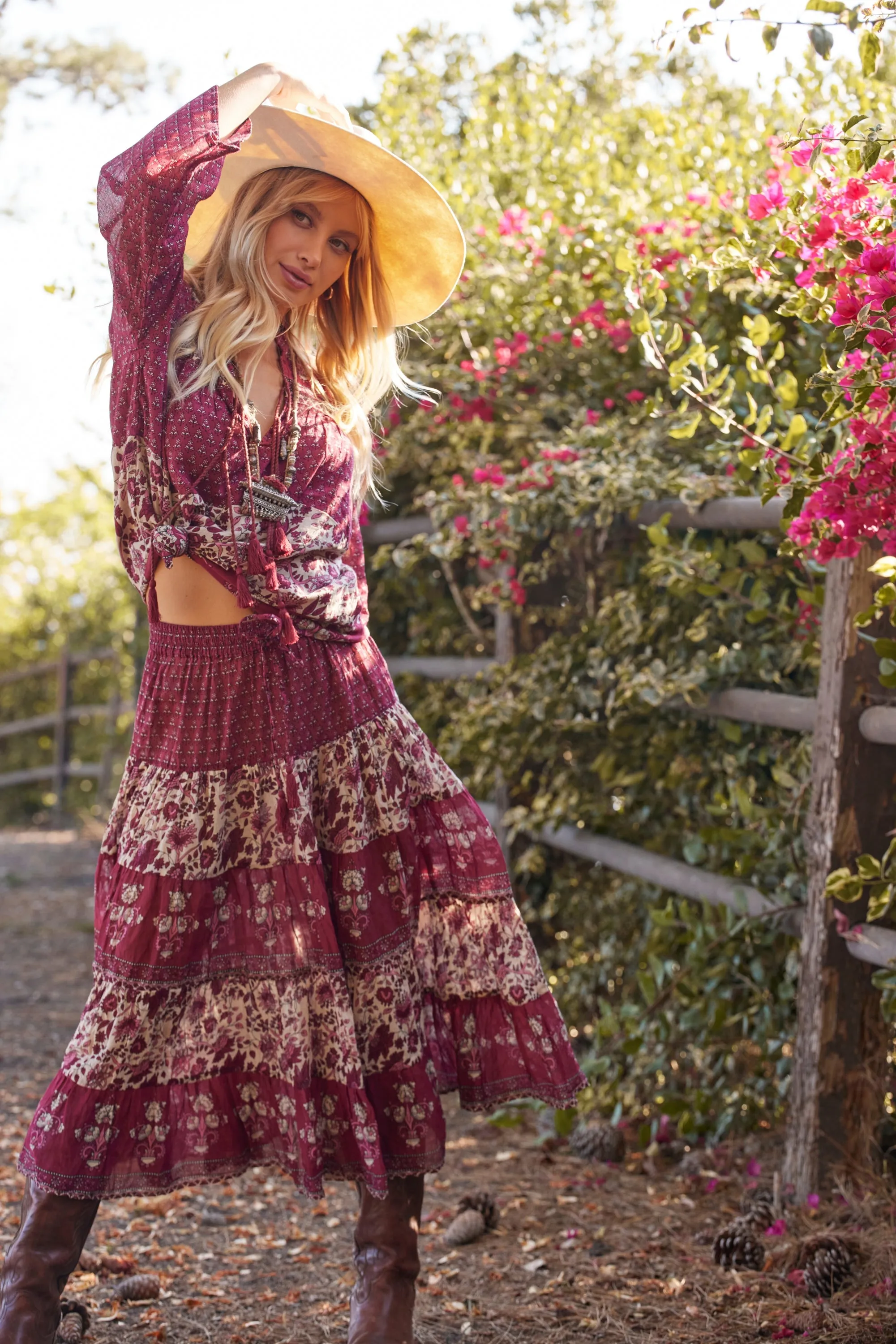 Rosa Patchwork Printed Midi Skirt Burgundy