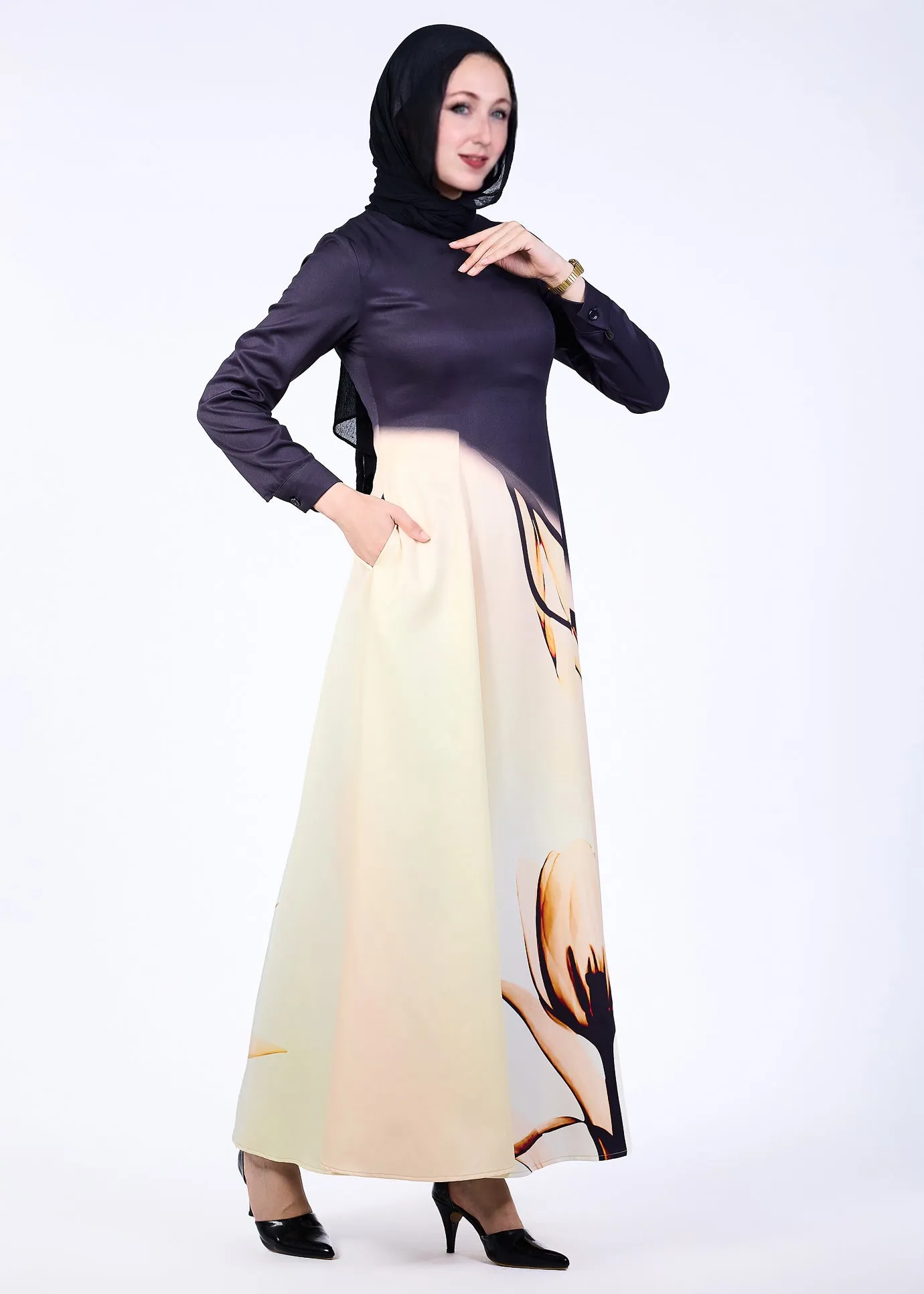 Sireen Elegance Satin Maxi Dress with Floral Gradient