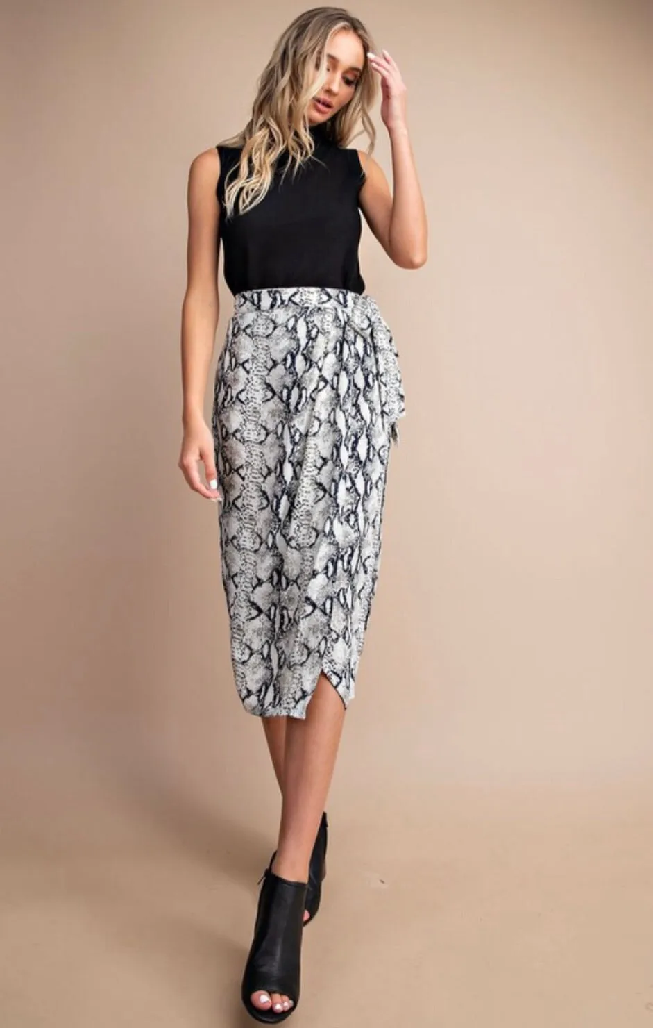 SNAKE PRINT MIDI WRAP SKIRT