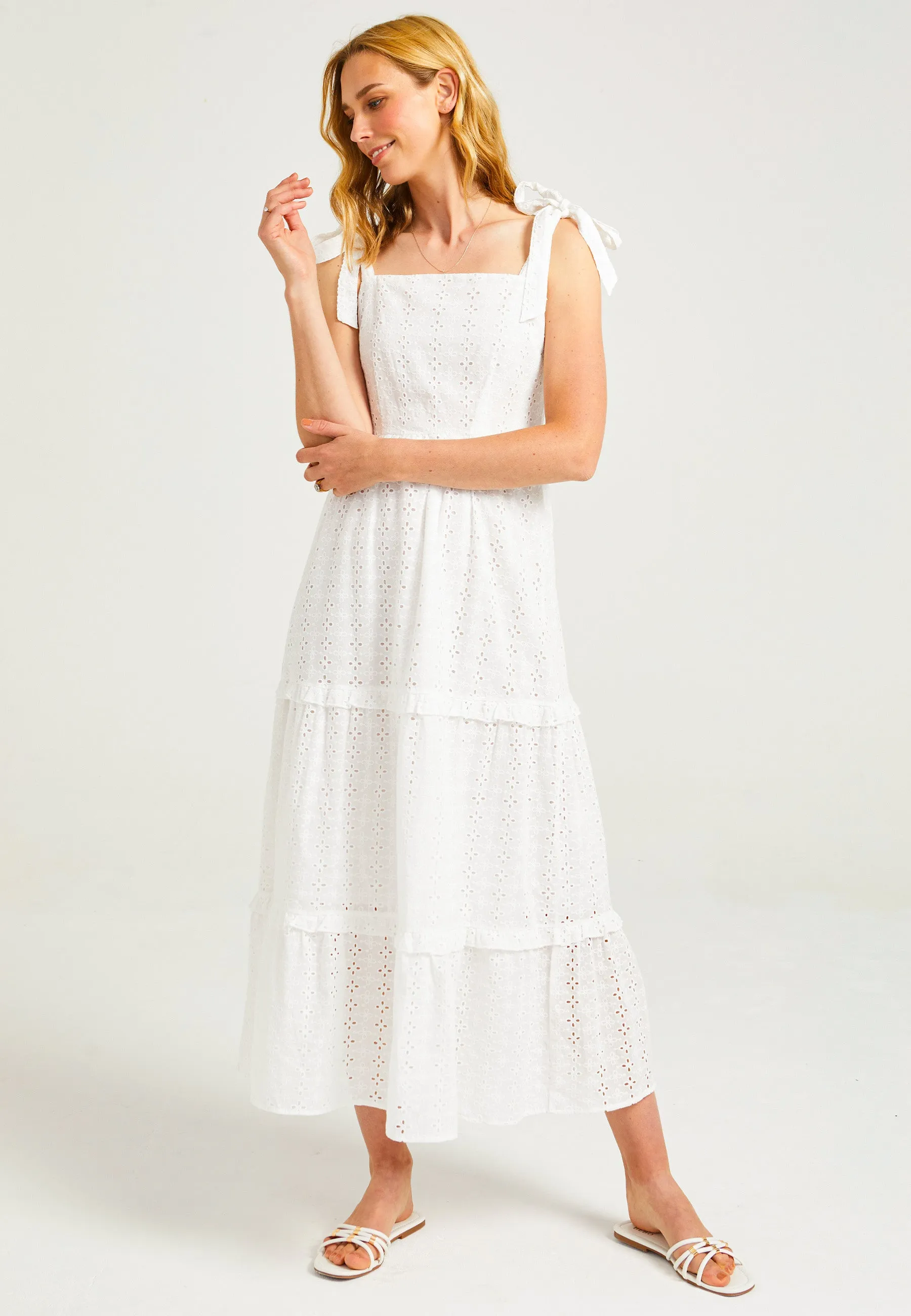 Strappy Tie White Maxi Broderie Tiered Dress