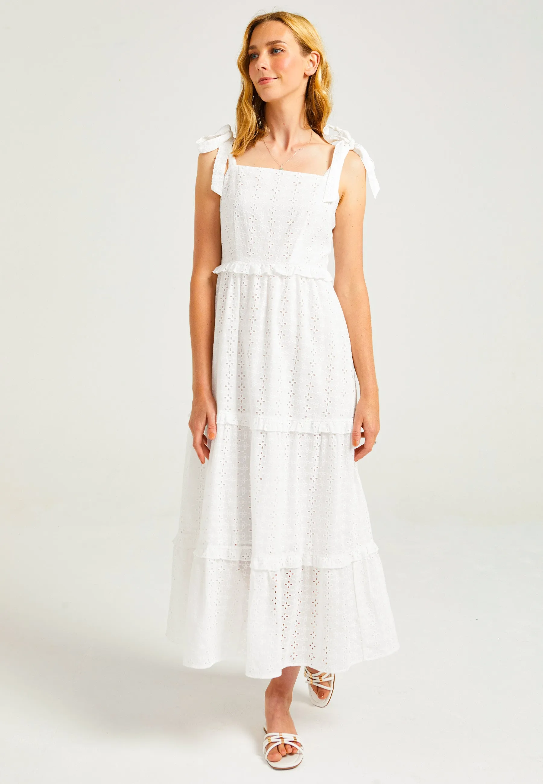 Strappy Tie White Maxi Broderie Tiered Dress