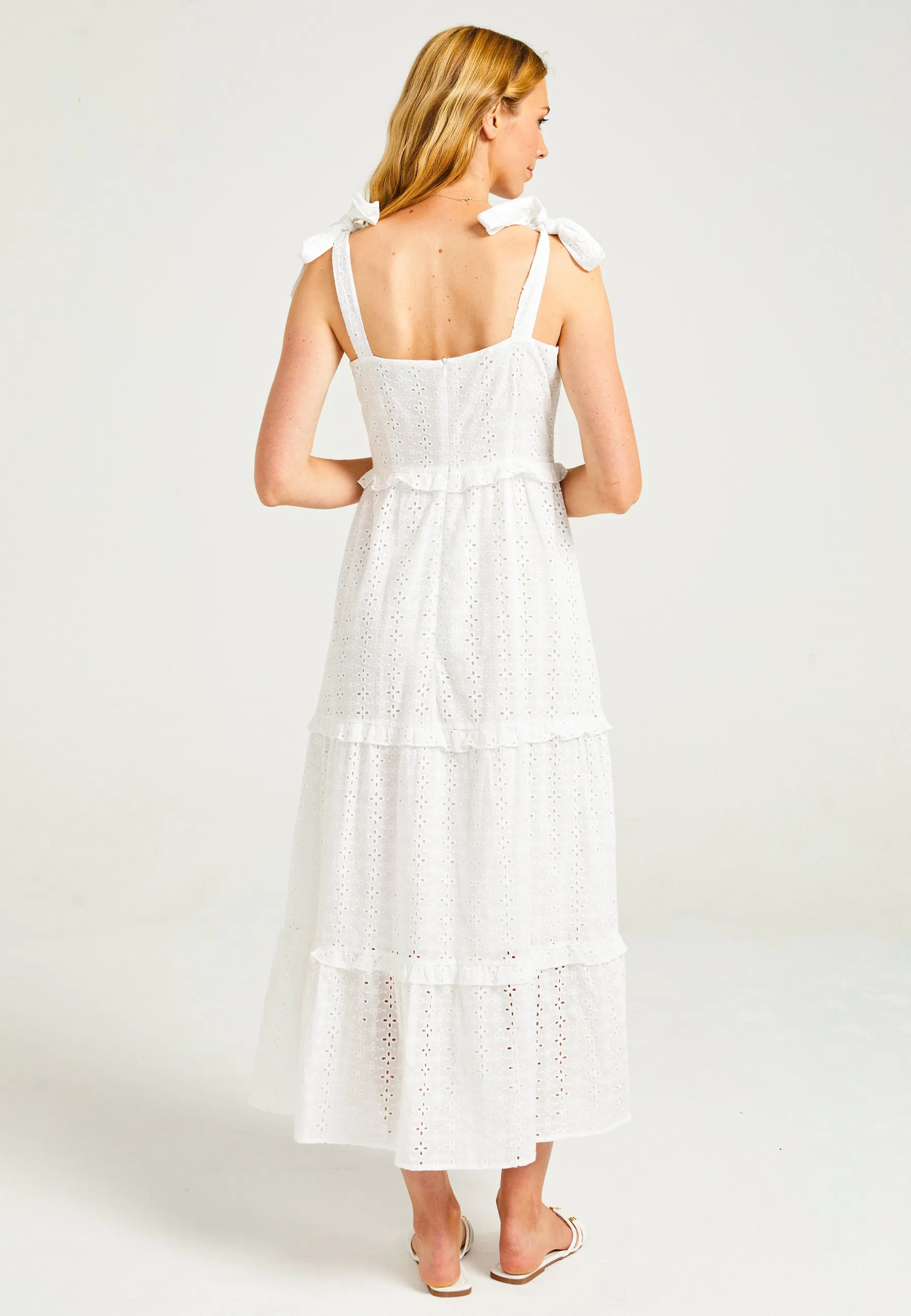 Strappy Tie White Maxi Broderie Tiered Dress