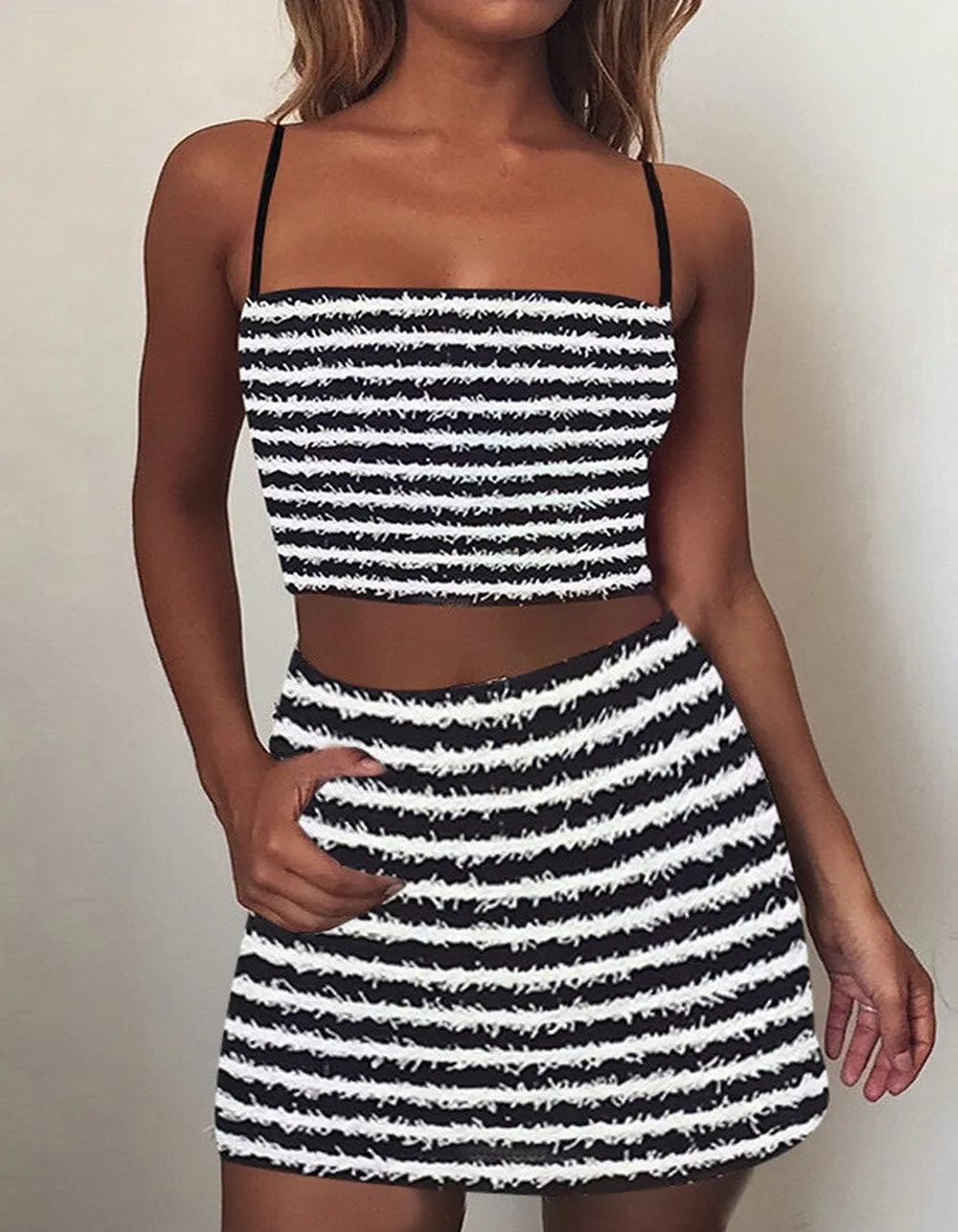 Striped Sling Backless Two-piece Bodycon Skirt Sets