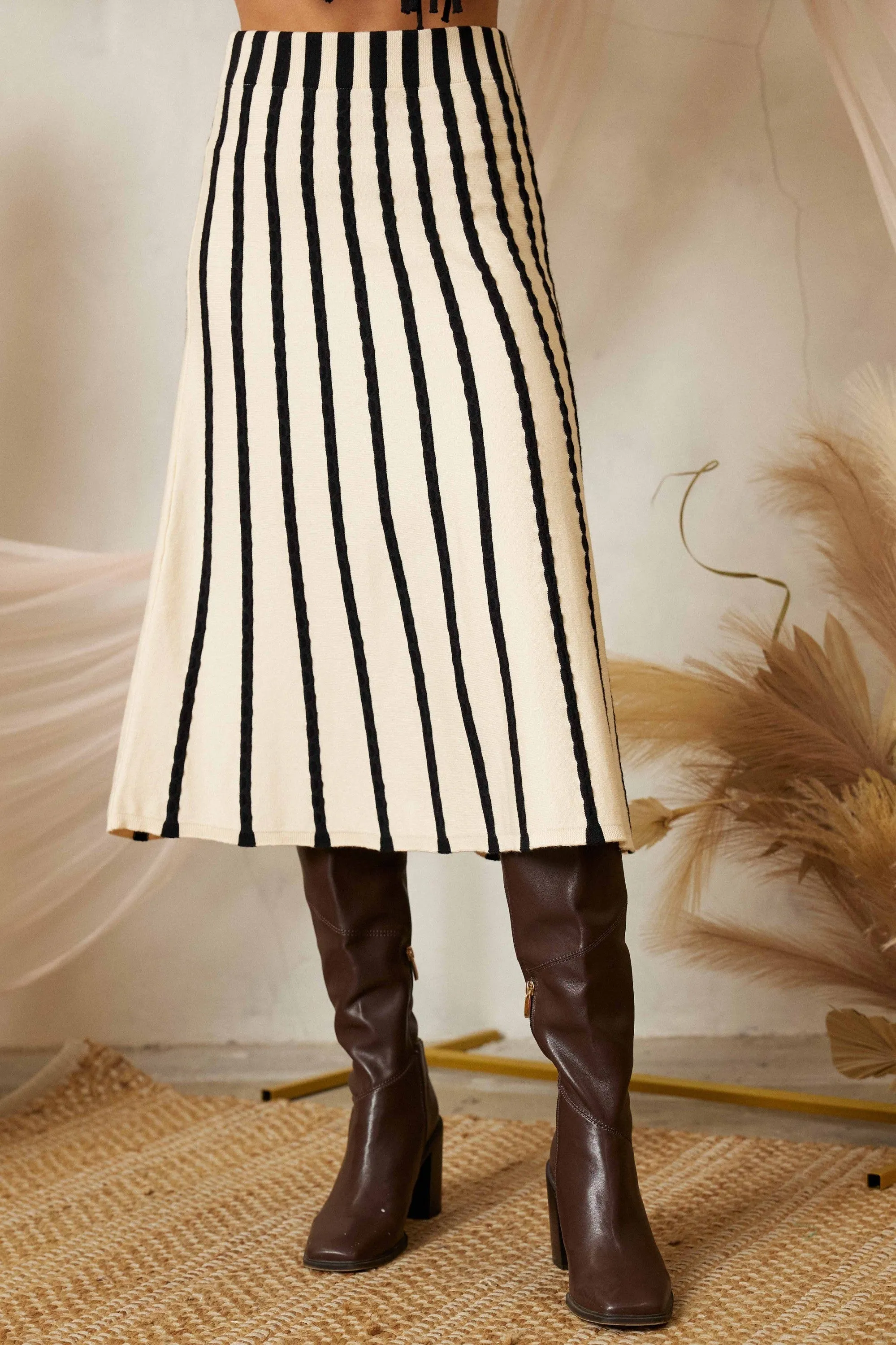 Sunrise Serenade Stripe Sweater Midi Skirt - Ivory/Black