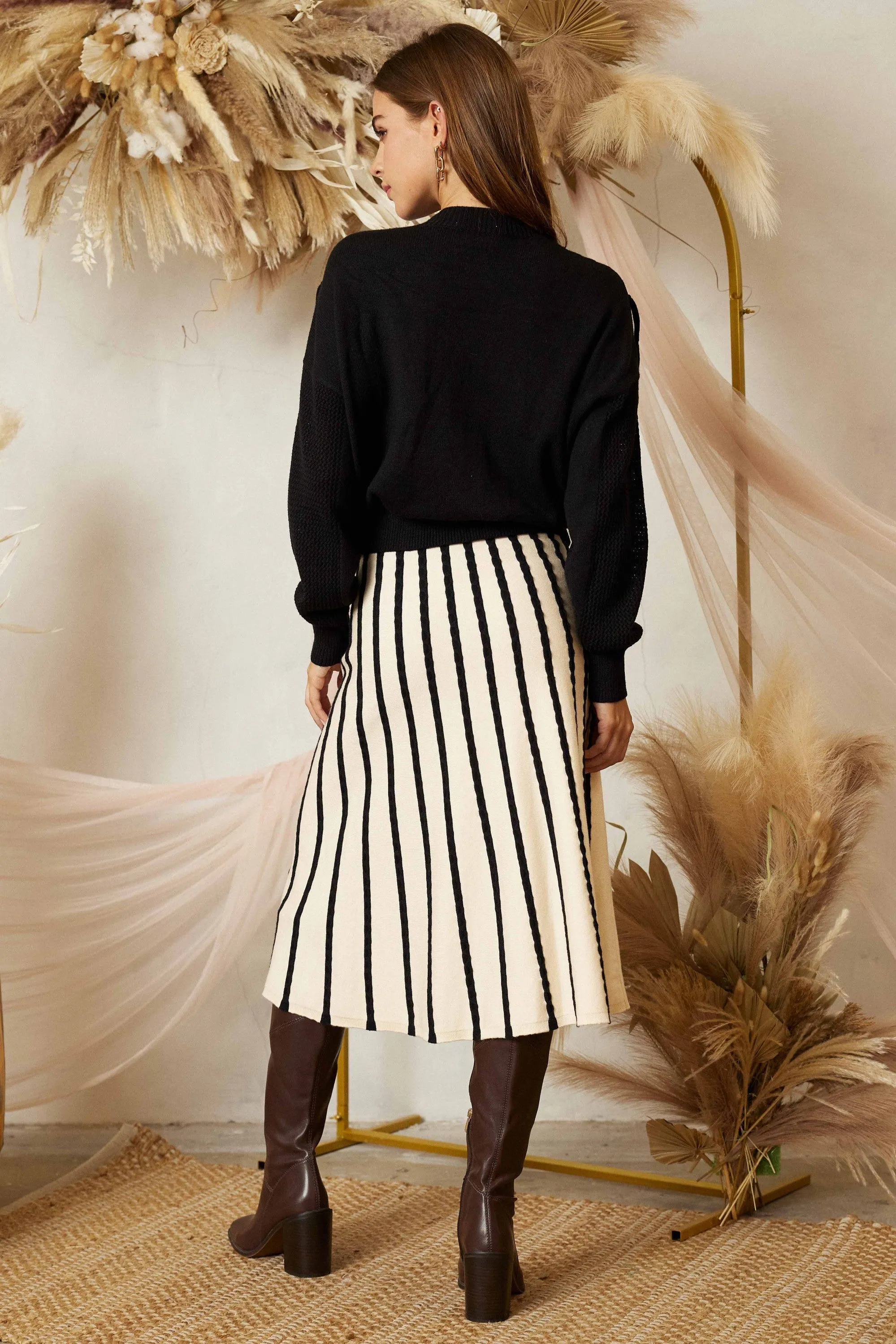 Sunrise Serenade Stripe Sweater Midi Skirt - Ivory/Black