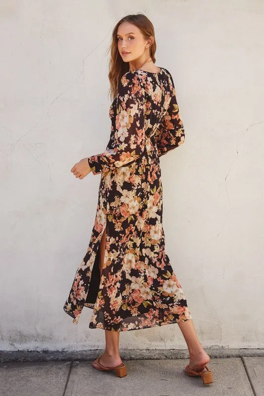 Thalia Long Sleeve Floral Print Maxi Dress Black