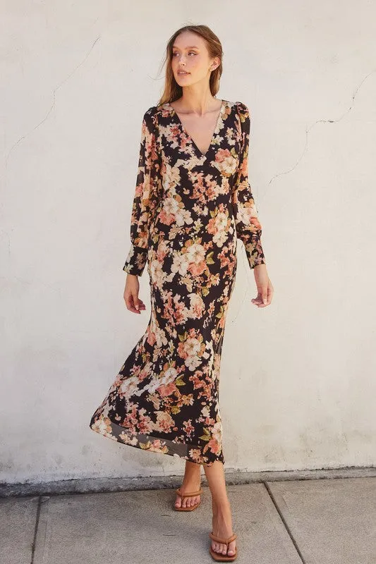 Thalia Long Sleeve Floral Print Maxi Dress Black