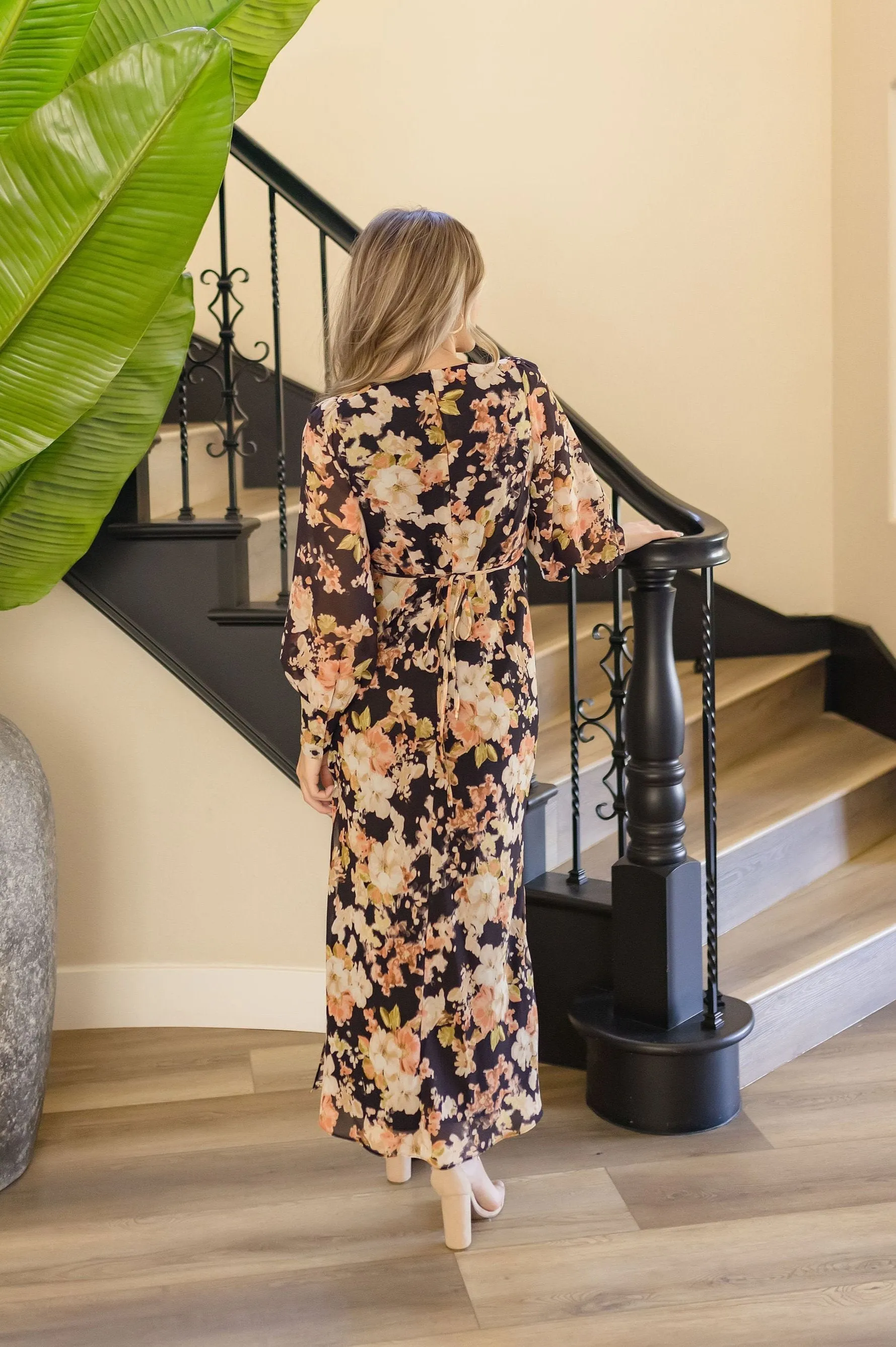 Thalia Long Sleeve Floral Print Maxi Dress Black