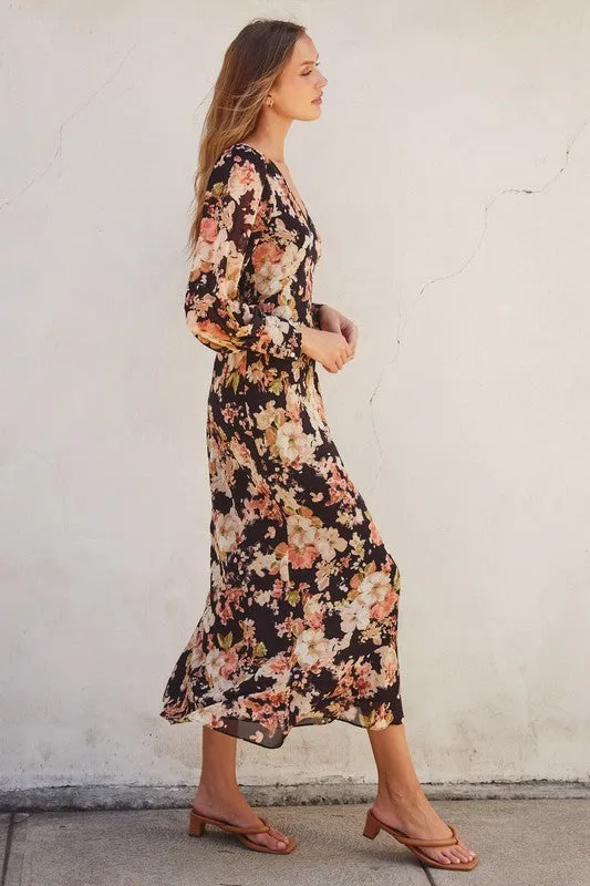 Thalia Long Sleeve Floral Print Maxi Dress Black