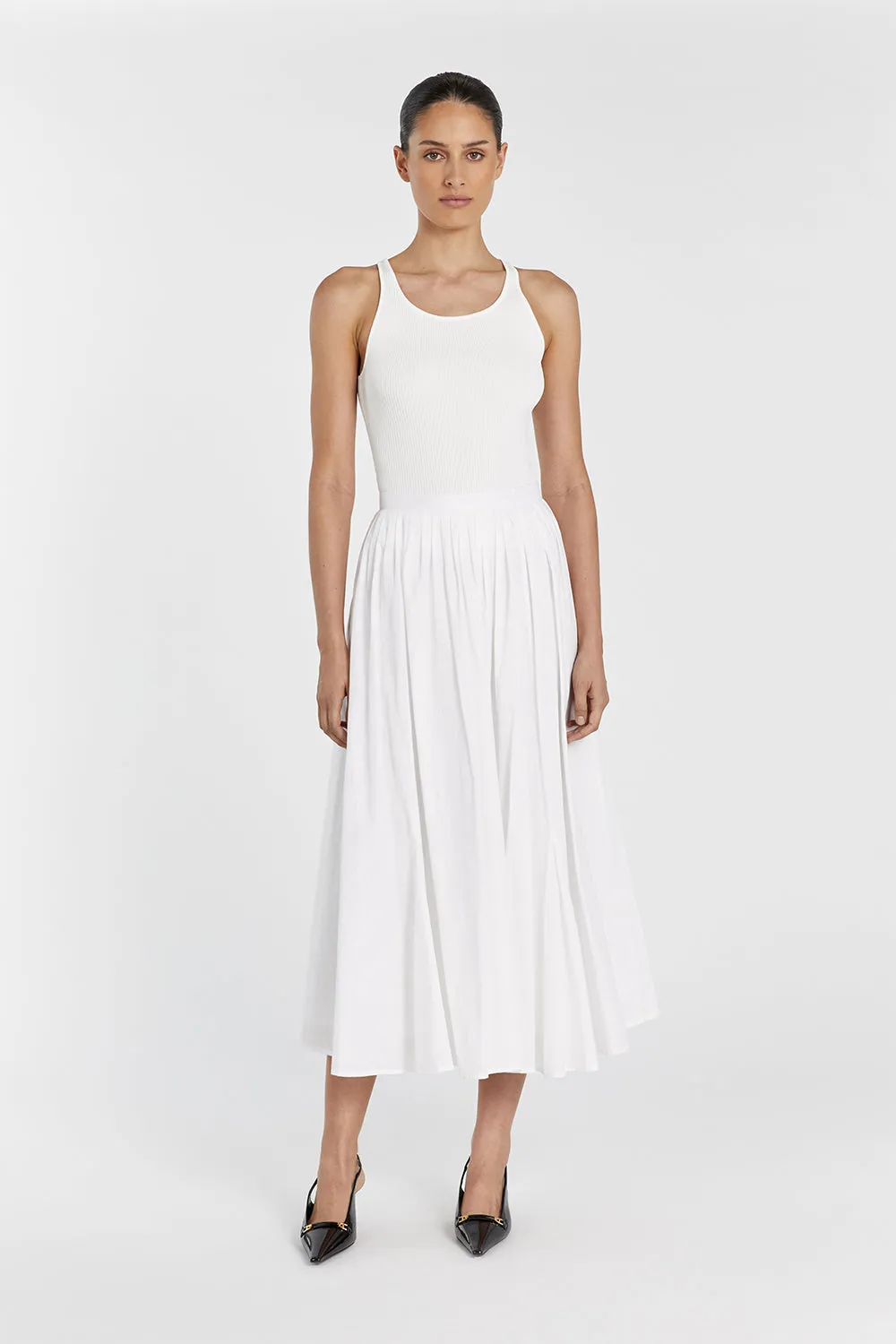 TIA WHITE LINEN CIRCLE MIDI SKIRT