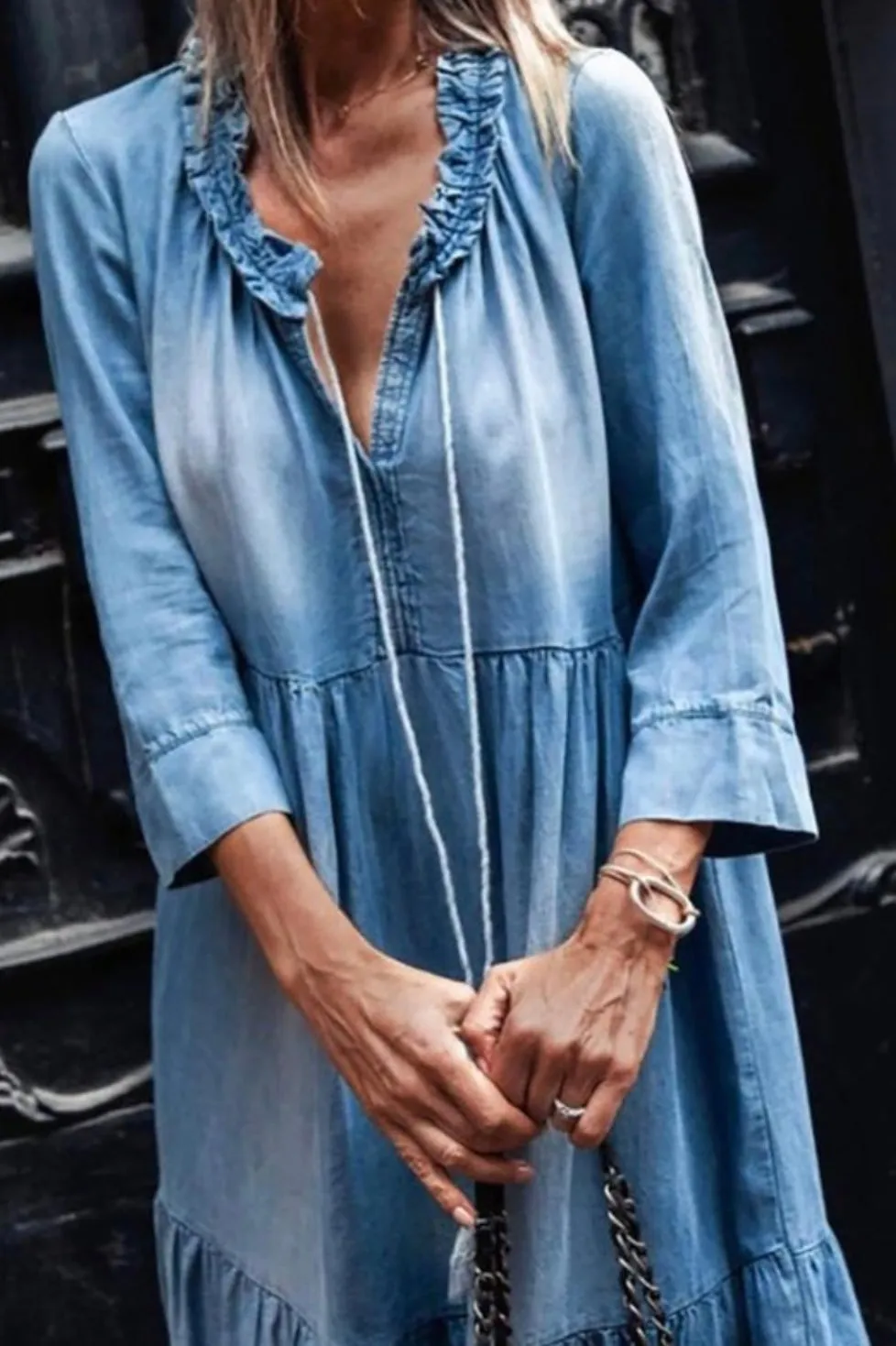 V neck denim maxi dress