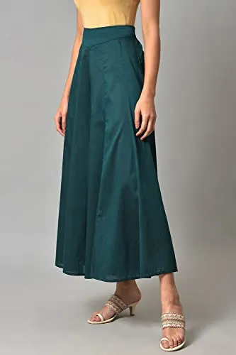 W for Woman Viscose Teal Blue Solid Flared Culottes Skirt