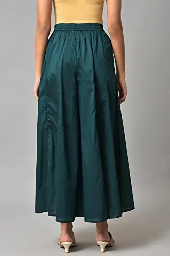 W for Woman Viscose Teal Blue Solid Flared Culottes Skirt