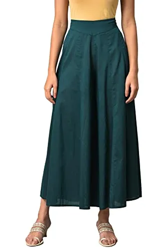 W for Woman Viscose Teal Blue Solid Flared Culottes Skirt